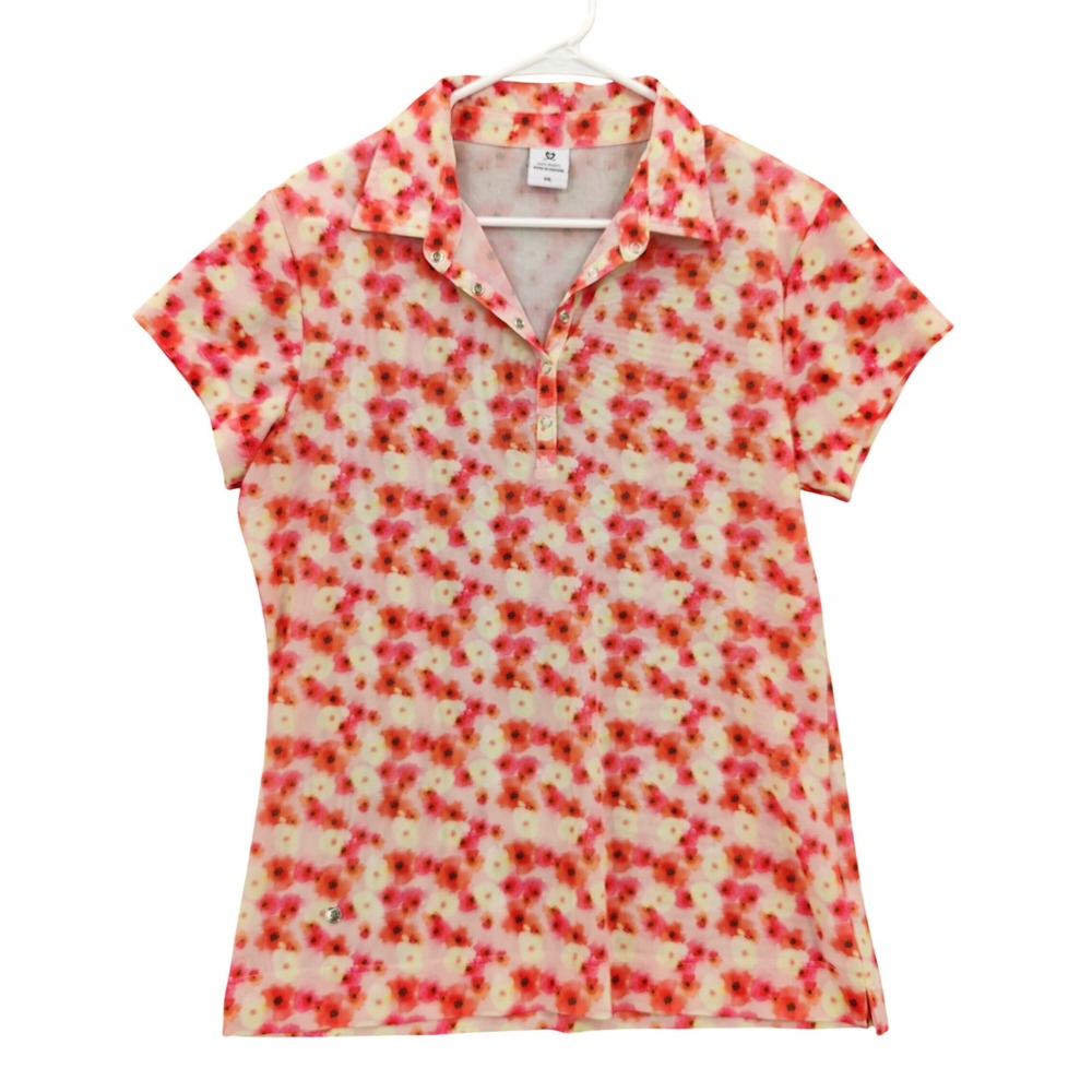 Daily Sports Womens XXL Floral Sheer Mesh Short Sleeve Collared Golf Polo Pink